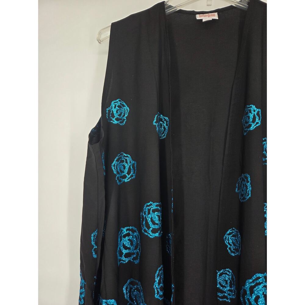 LuLaRoe Elegant Joy Black Blue Rose Glitter Long Cardigan Vest Duster NWT Large - Picture 2 of 7
